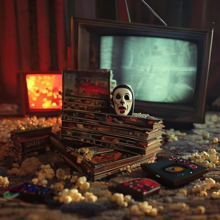 Pila de cintas VHS y DVDs de películas de terror con una máscara estilizada, rodeados de palomitas de maíz y un control remoto, reflejando una pantalla de televisión antigua con estática.