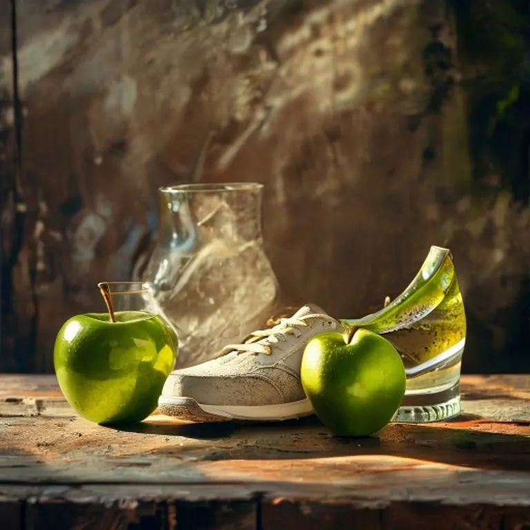 Fotografía cinematográfica de bodegón con un par de zapatillas de correr vintage, una manzana verde brillante y un vaso de agua sobre una mesa de madera rústica, iluminado por luz natural.