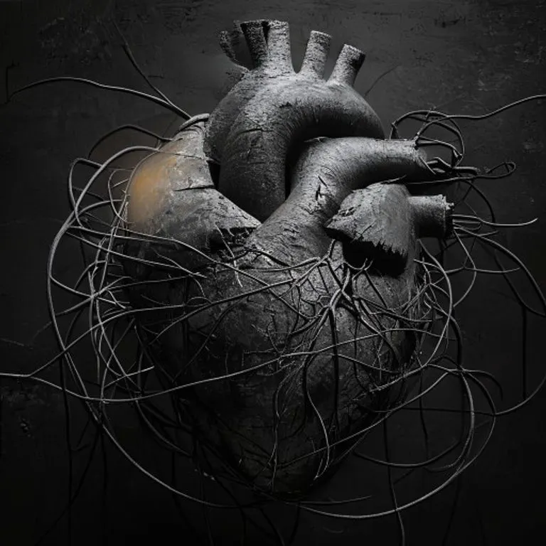 Arte conceptual de una escultura de corazón fragmentada y oscura, hecha de materiales industriales, rodeada de cables enredados y una luz tenue y parpadeante, simbolizando el estrés y la vulnerabilidad.