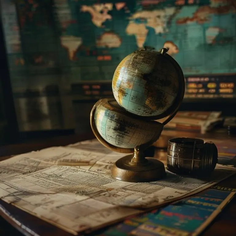 Bodegón de un globo terráqueo antiguo sobre informes financieros y barriles de petróleo en miniatura.