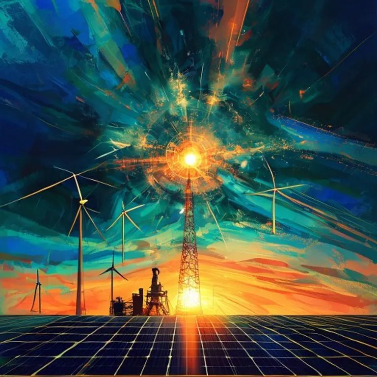 Pintura digital abstracta de fuentes de energía convergiendo hacia un núcleo pulsante.