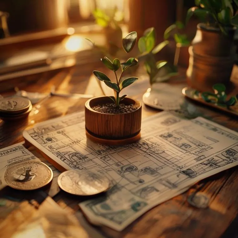 Escritorio vintage con planos de un producto innovador, rodeado de monedas y billetes de diversas divisas, una pequeña planta brotando de una moneda, fotografía cinematográfica.