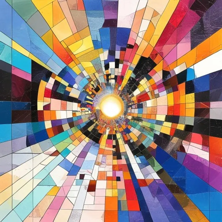 Mosaico de formas geométricas abstractas y coloridas convergiendo hacia un punto central brillante, representando la unión de pequeñas contribuciones para crear una estructura robusta, arte conceptual.