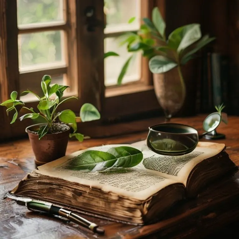 Fotografía cinematográfica de un libro de leyes antiguo abierto con una hoja verde prensada, simbolizando la integración de la naturaleza en la legislación.
