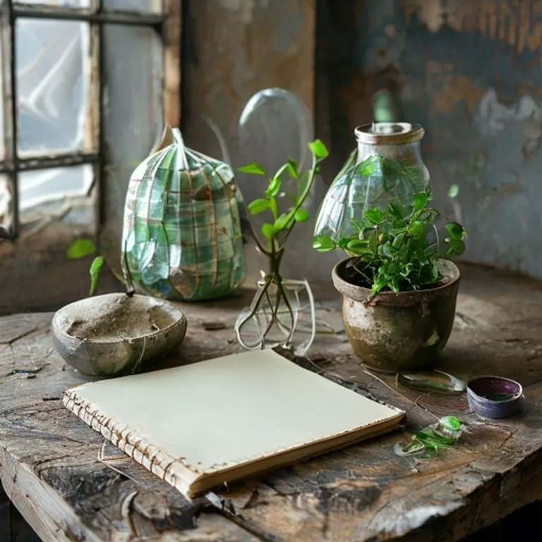 Fotografía de bodegón de artículos reciclados: una bolsa de diseño hecha de botellas de plástico, un cuaderno de papel reciclado y una planta en una maceta de residuos industriales.