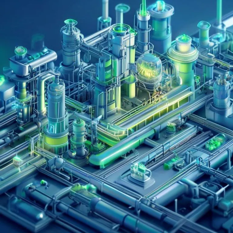 Renderizado 3D conceptual de una instalación industrial futurista que convierte residuos en recursos, con tuberías y maquinaria en tonos azules y verdes.