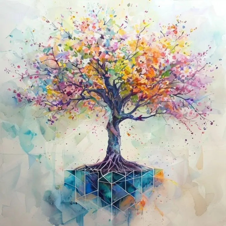 Pintura acuarela de un árbol floreciendo con raíces geométricas, simbolizando el crecimiento y la estabilidad del liderazgo positivo.