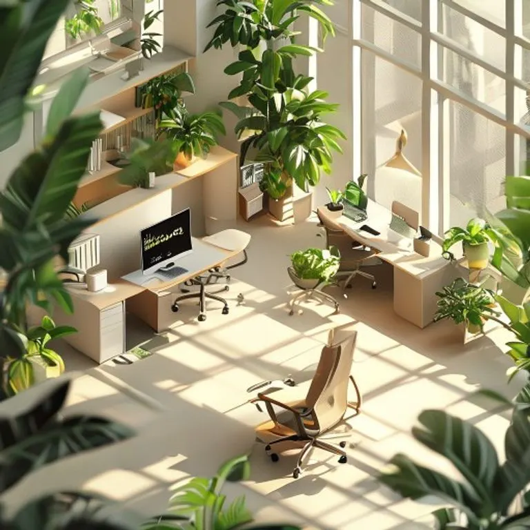 Render isométrico de un espacio de oficina moderno y tranquilo con luz natural y plantas, simbolizando el bienestar organizacional.