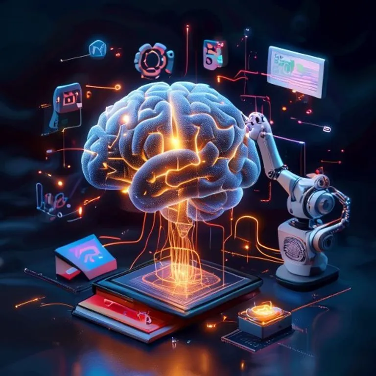 Ilustración 3D de un cerebro estilizado conectado a símbolos educativos como libros, tablets y un brazo robótico, flotando en un espacio etéreo.