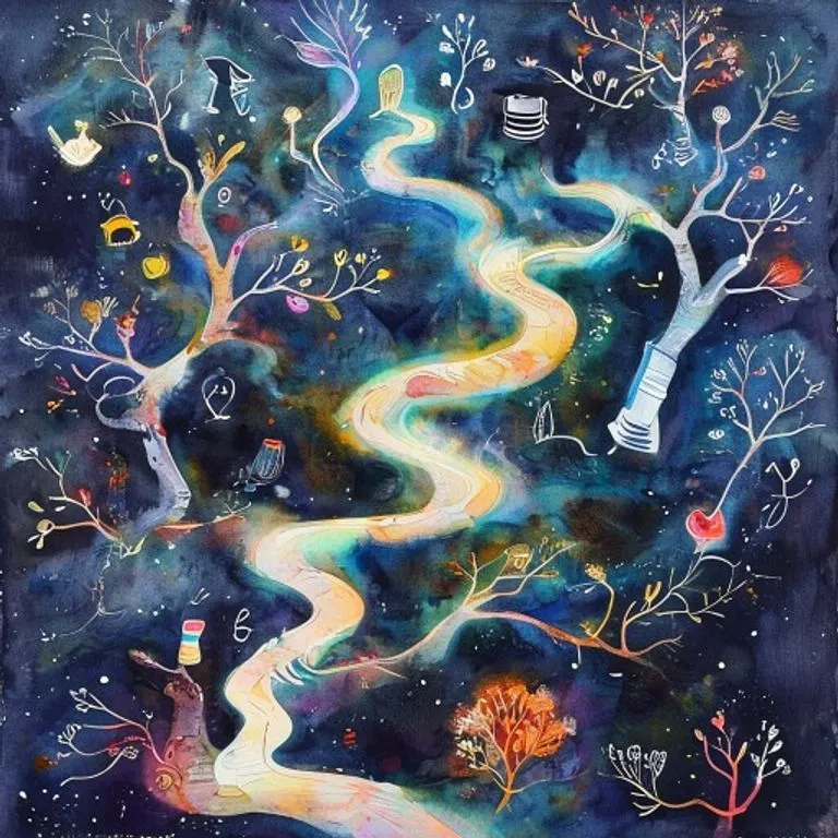 Pintura acuarela de un sendero luminoso y ramificado en un lienzo oscuro, con símbolos educativos como una gorra de graduación y un microscopio en diferentes ramas, representando rutas de aprendizaje personalizadas.