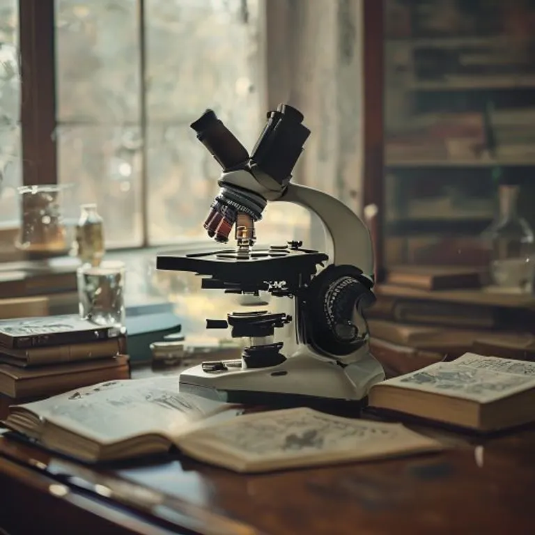 Fotografía cinematográfica de un microscopio vintage sobre un escritorio, rodeado de revistas científicas y un vaso de precipitados brillante.