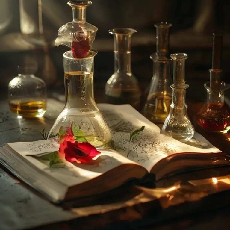 Alembic de vidrio, beaker y revista científica con ilustraciones botánicas, simbolizando la investigación en aceites esenciales.