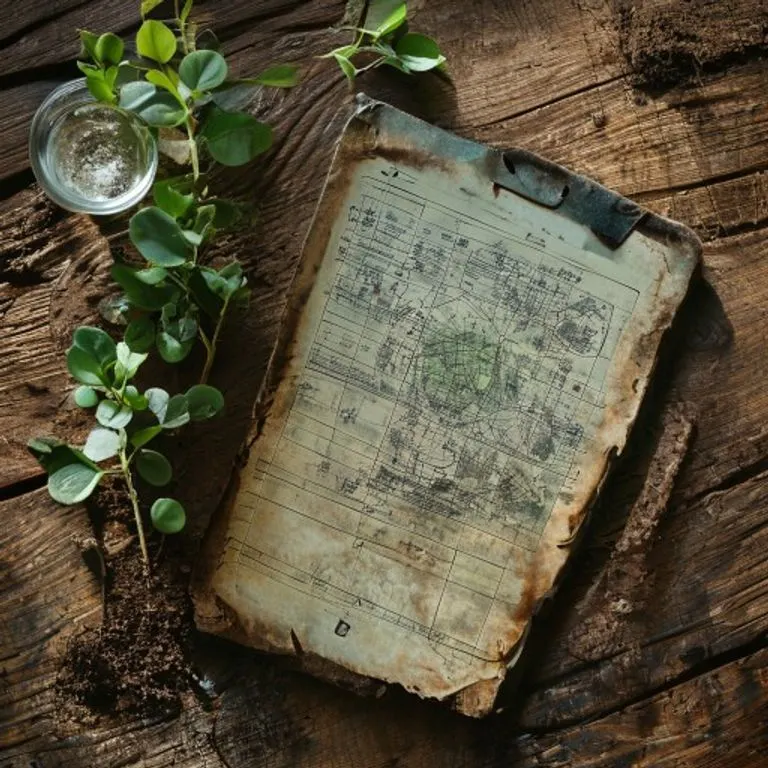 Fotografía cinematográfica de un cuaderno de campo antiguo con mapas y datos, junto a una tablet mostrando imágenes de drones y una muestra de suelo.