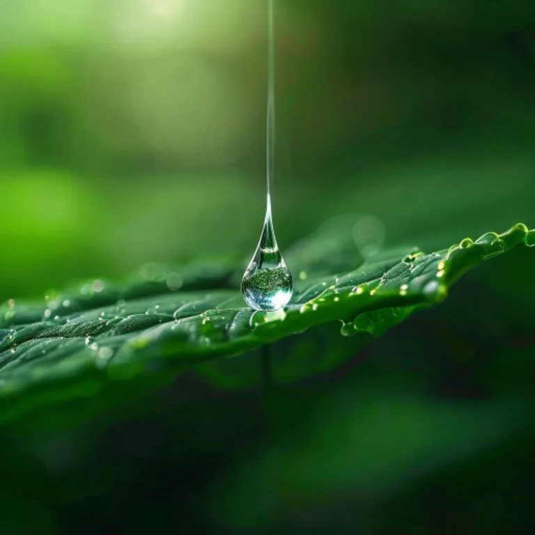 Arte conceptual de una gota de agua cayendo sobre una hoja, con un patrón de circuito integrado sutil, simbolizando la eficiencia hídrica y la tecnología en la agricultura.