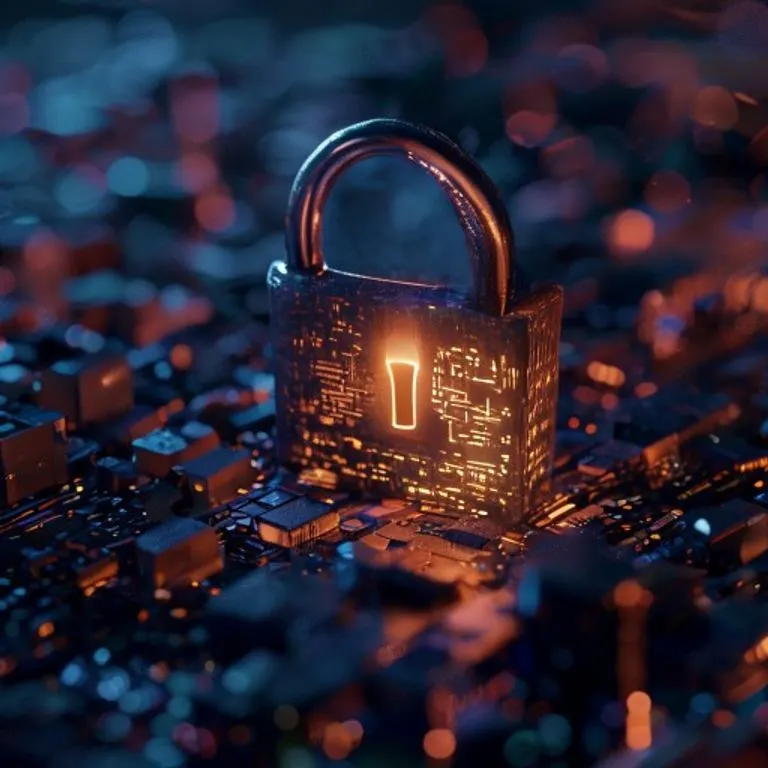 Fotografía cinematográfica de un candado antiguo de alta seguridad con circuitos digitales brillantes incrustados, sobre bloques de datos pixelados. 