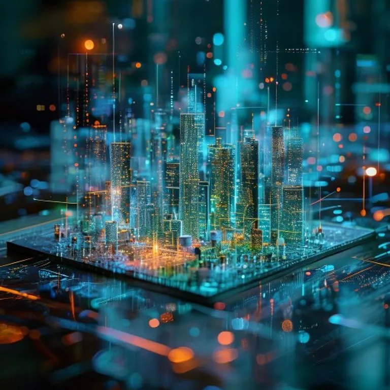 Interfaz holográfica proyectando datos urbanos sobre un modelo de ciudad