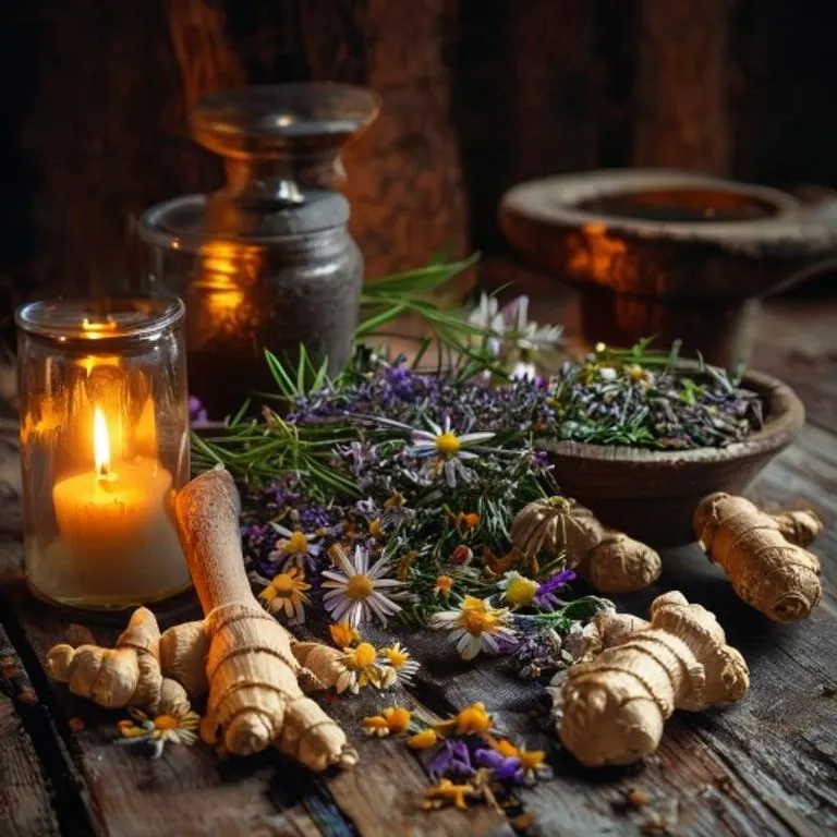 Fotografía cinematográfica de una colección de hierbas medicinales como lavanda y jengibre sobre una mesa rústica, iluminadas por luz de vela.