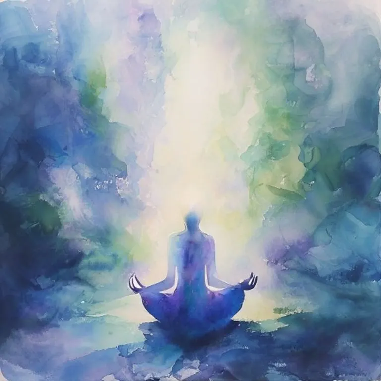 Pintura acuarela abstracta de una sesión de meditación mindfulness, con suaves tonos de azul, verde y púrpura que se mezclan y un resplandor etéreo central.