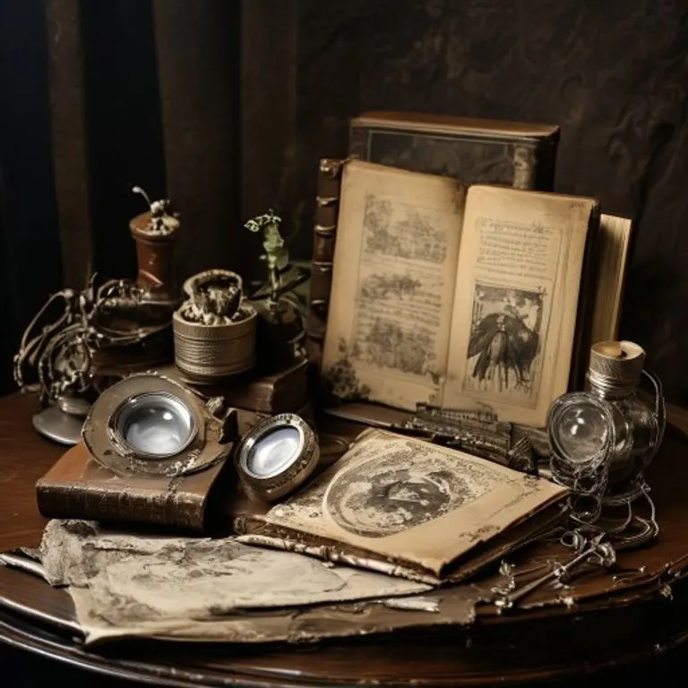Bodegón de equipos fotográficos antiguos: una placa de daguerrotipo, un libro de óptica, una lente de cristal y una botella de productos químicos plateada sobre una mesa de madera oscura.