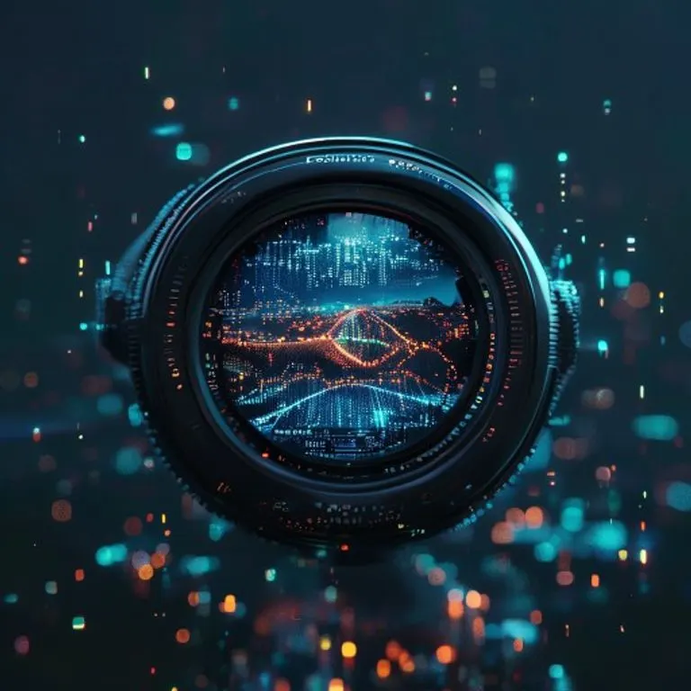 Renderizado 3D de un objetivo de cámara inteligente futurista con circuitos intrincados, reflejando una pantalla holográfica de un paisaje pixelado, con flujos de datos y código binario.