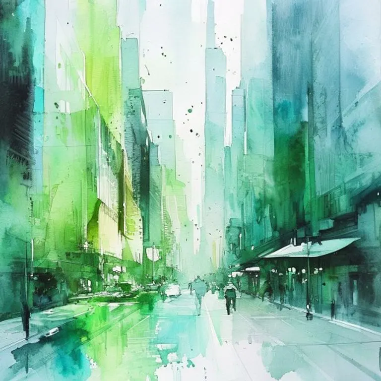 Pintura acuarela de ciudad tranquila con tonos verdes y azules fusionándose con grises suaves