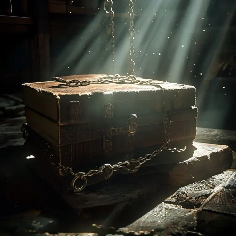 Bodegón cinematográfico de libros de contabilidad antiguos con cerraduras y cadenas, iluminados por un rayo de luz en una habitación oscura.