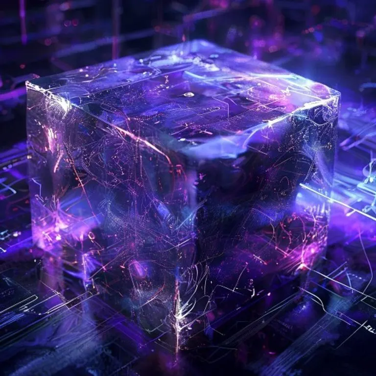 Arte conceptual de una fórmula matemática grabada en un cubo de cristal brillante, rodeado de patrones digitales, en tonos morados y azules.