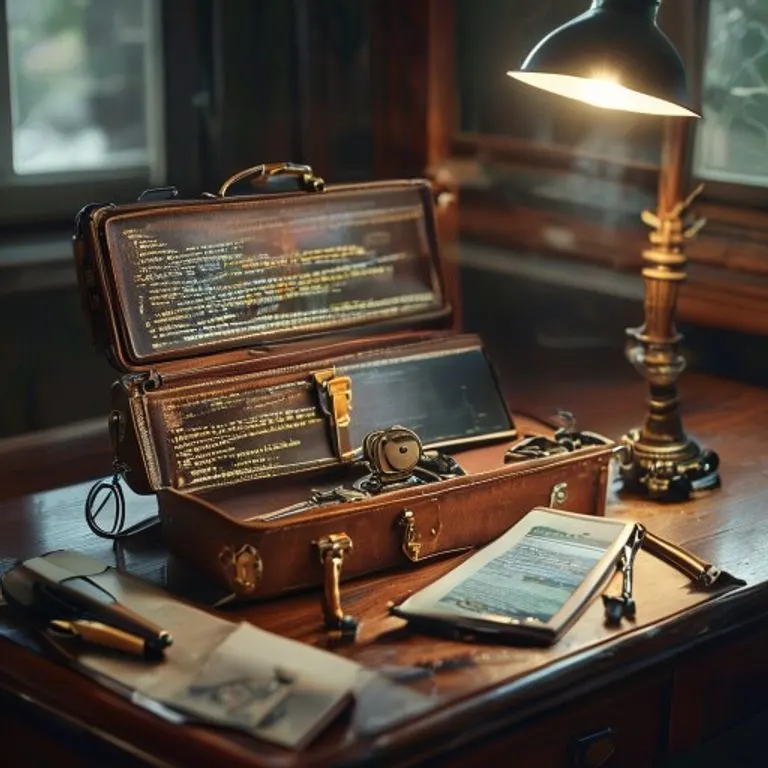 Fotografía cinematográfica de un maletín de cuero abierto sobre un escritorio, mostrando una tableta con código, una pluma estilográfica y un componente robótico, bajo una luz dramática.