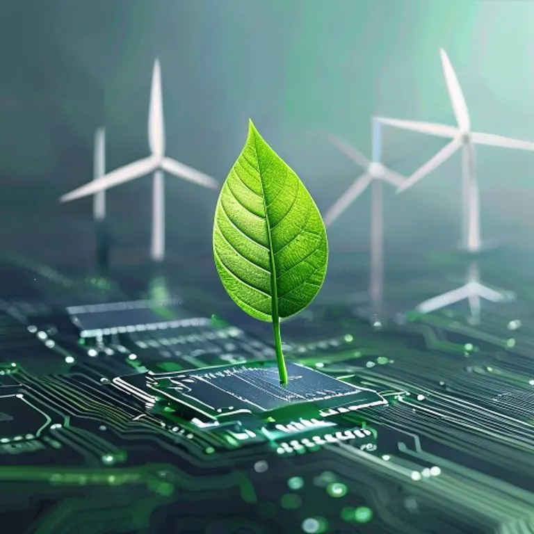 Arte conceptual de una hoja verde brotando de un circuito electrónico, con turbinas eólicas y paneles solares abstractos al fondo, simbolizando la sostenibilidad tecnológica.