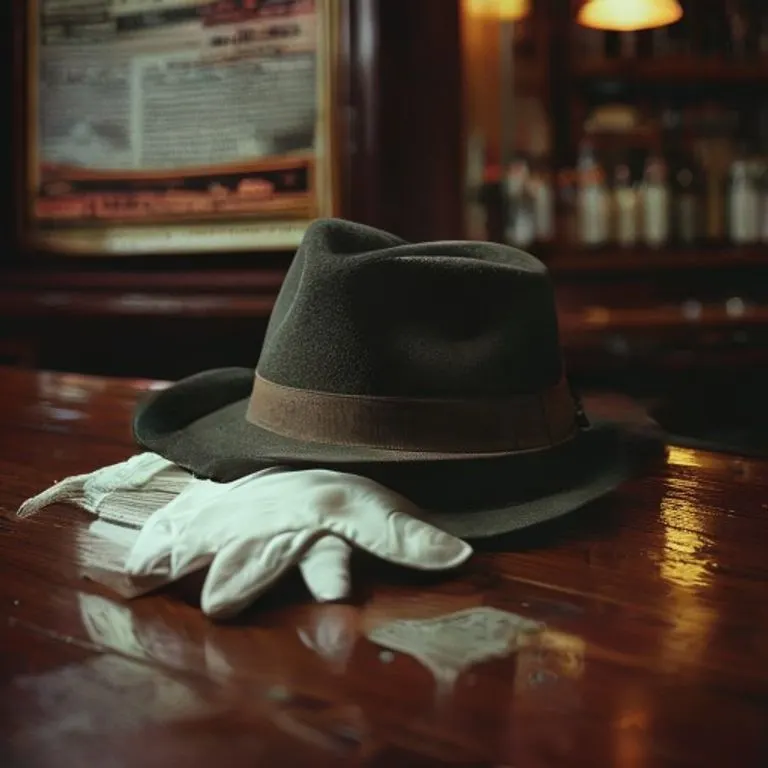 Bodegón de un sombrero fedora y un guante blanco sobre una barra de madera, con estética de cine negro.