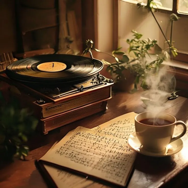 Bodegón cinematográfico de un tocadiscos vintage iluminando vinilos, un diario con notas musicales y una taza de té en un escritorio de madera.