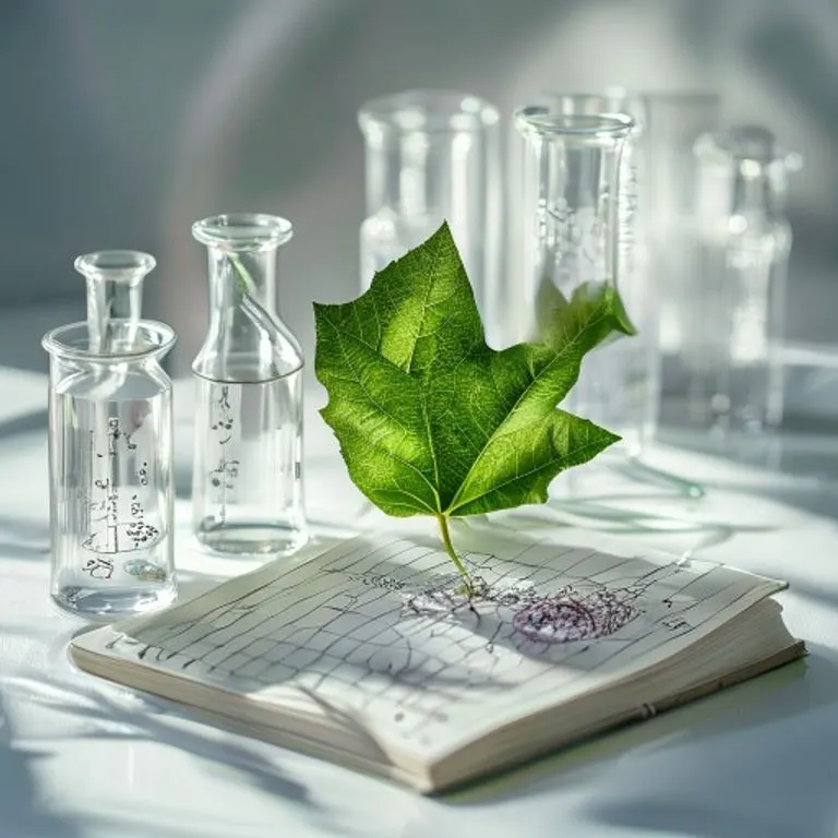 Conjunto de instrumentos científicos como beakers y test tubes, junto a un cuaderno abierto con diagramas biológicos y una hoja verde, iluminado con luz analítica.