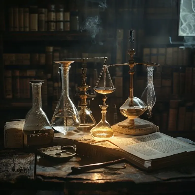 Fotografía cinematográfica de un laboratorio antiguo con instrumentos de vidrio y libros de ciencia, bajo una luz dramática.