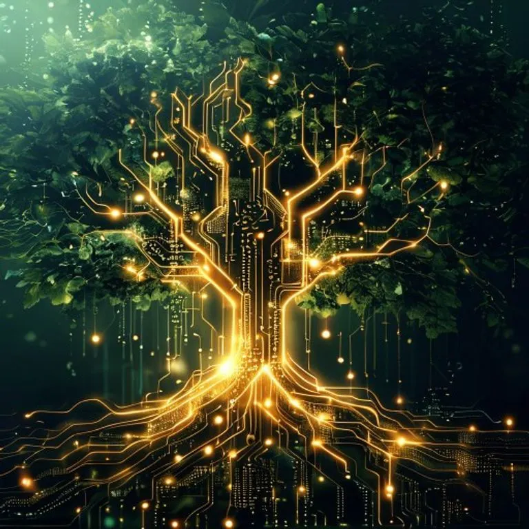 Ilustración conceptual de un árbol cuyas raíces se transforman en circuitos, simbolizando la interconexión del conocimiento.