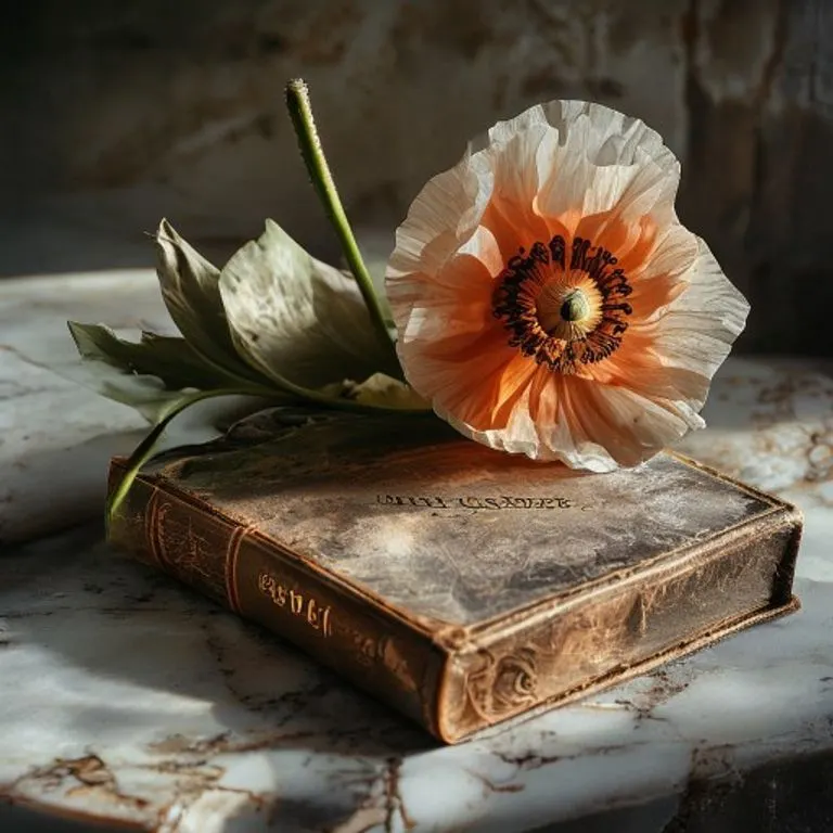 Fotografía still-life de una amapola seca sobre mármol, junto a un libro antiguo, evocando mitos y memoria.