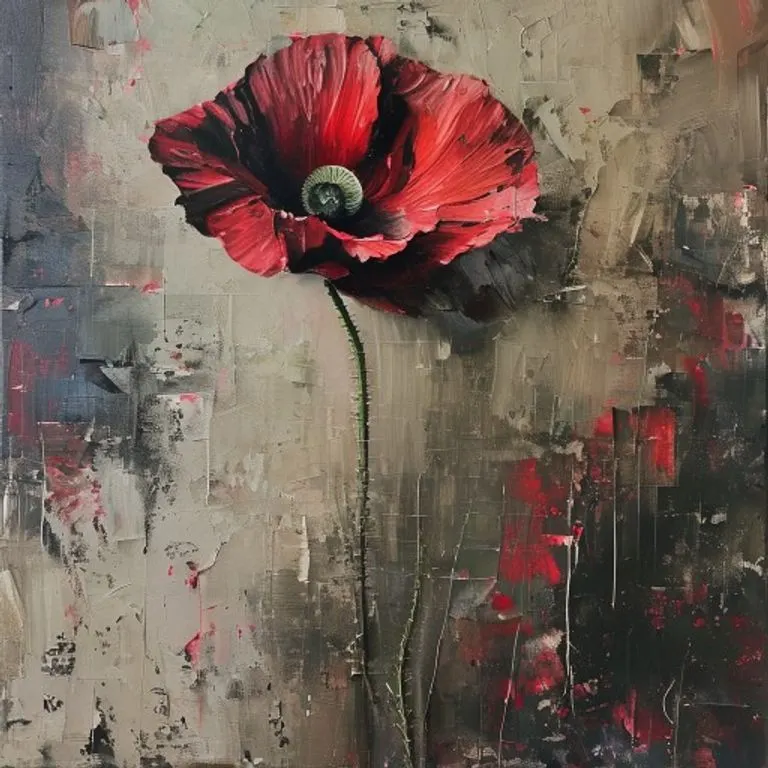 Pintura al óleo de una amapola estilizada en tonos carmesí y negro, sobre un fondo abstracto que sugiere narrativas históricas.
