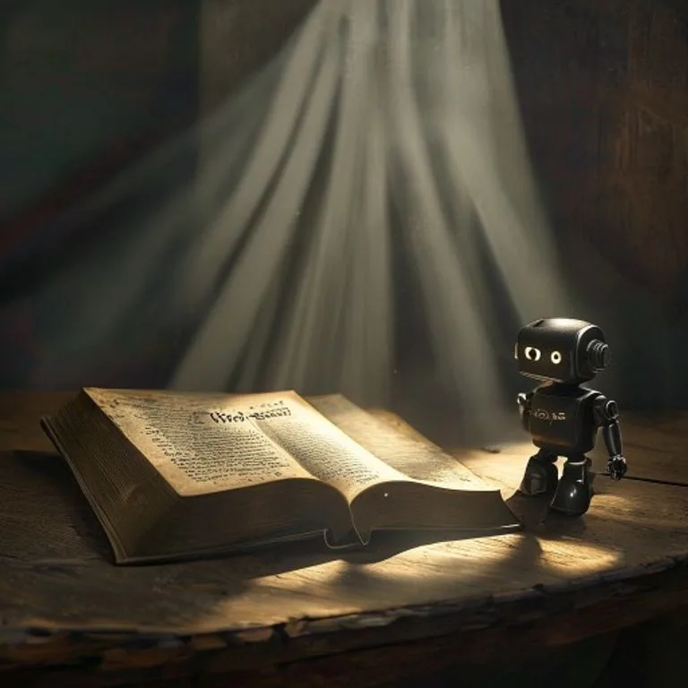 Arte conceptual de un libro abierto titulado 'Ethics in Artificial Intelligence' sobre un escritorio de madera, con una pequeña figura de robot abstracta al lado, iluminado por un rayo de luz.