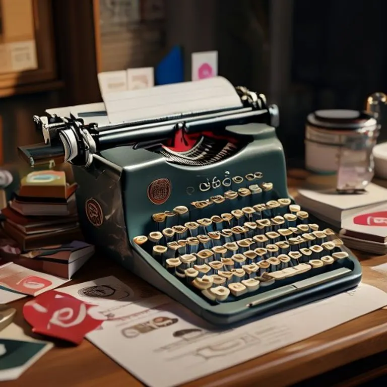 Escritorio con máquina de escribir vintage, logos de redes sociales abstractos, lupa sobre documento 'Estrategias de Contenido', iluminación suave