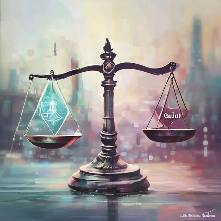 Balanza con iconos de transparencia y regulación (cristal y martillo), fondo abstracto digital, colores tenues