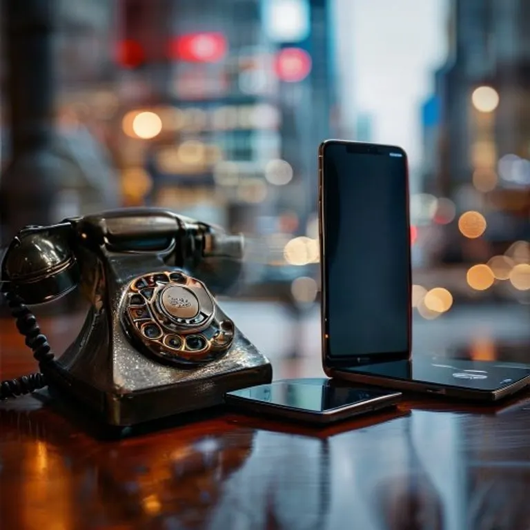 Teléfono rotatorio vintage junto a un smartphone moderno en un escritorio de madera, simbolizando la evolución y la disrupción tecnológica en la comunicación.