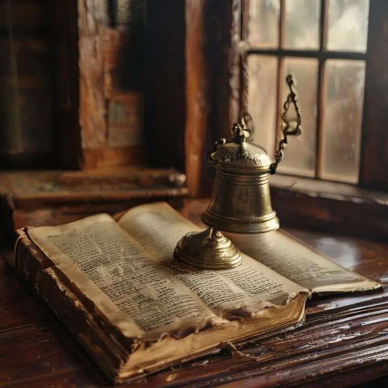Libro de derecho marítimo abierto con campana de barco antigua, fotografía cinematográfica.