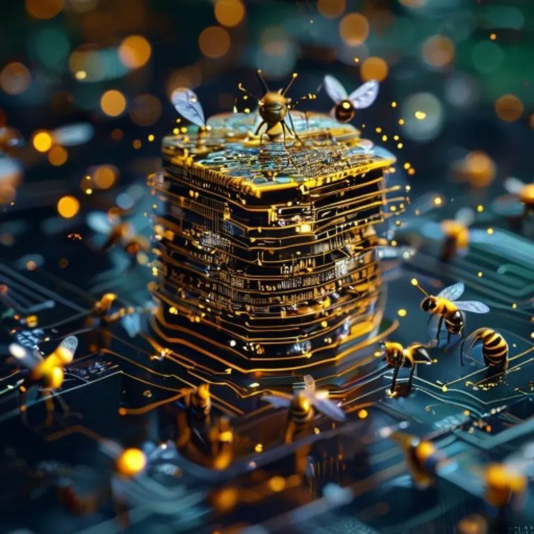 Representación 3D de una colmena de circuitos interconectados, con puntos de datos brillantes emulando abejas enjambres, sobre una superficie oscura.