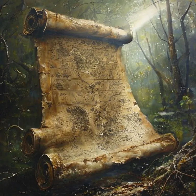 Pintura al óleo de un pergamino antiguo desplegado, mostrando fórmulas matemáticas y diagramas biológicos, iluminado por un rayo de luz suave. Fondo de bosque sereno.