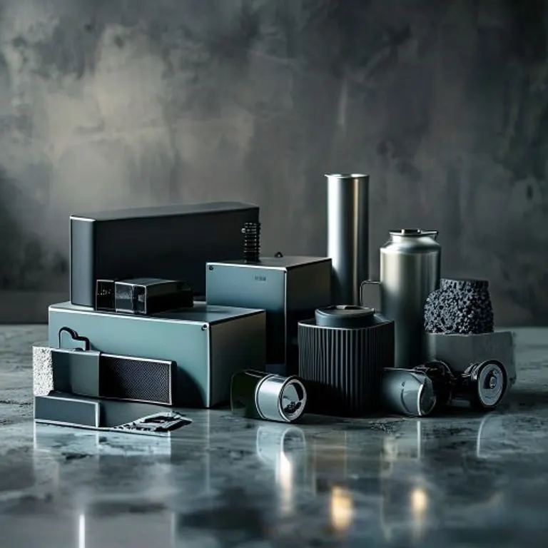 Fotografía de bodegón de diversos dispositivos de almacenamiento de energía, incluyendo una batería de litio-ion, un modelo de hidroeléctrica de bombeo, y una celda de combustible de hidrógeno.