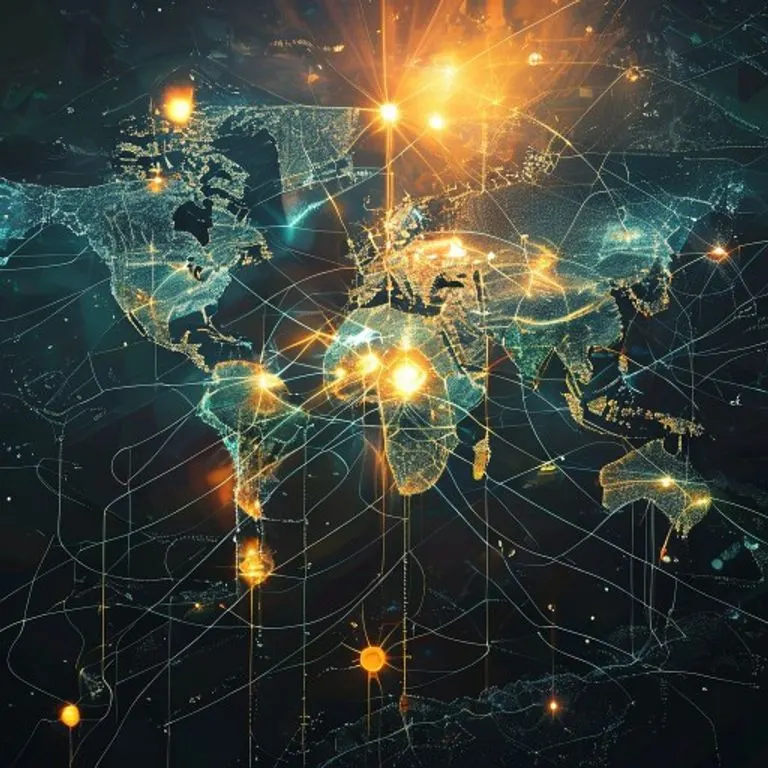 Arte conceptual de una red energética global, con líneas de luz que conectan continentes y símbolos de fuentes de energía renovable, representando la transición hacia un futuro sostenible.