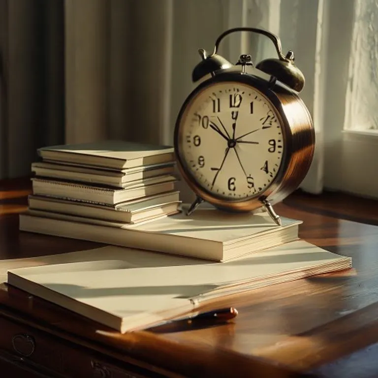Un reloj analógico vintage marcando el tiempo, rodeado de cuadernos minimalistas y una pluma estilográfica sobre una mesa de madera, simbolizando el enfoque y la intención.