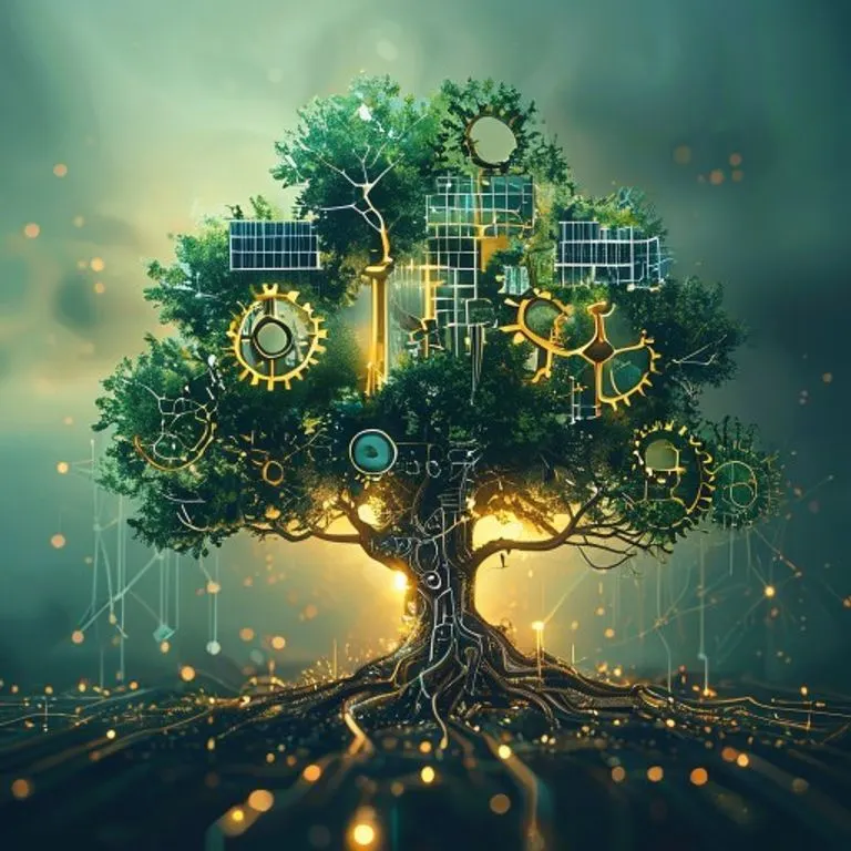Arte conceptual de engranajes y circuitos formando un árbol con hojas de paneles solares y aspas de turbinas eólicas, raíces conectadas a una red digital.