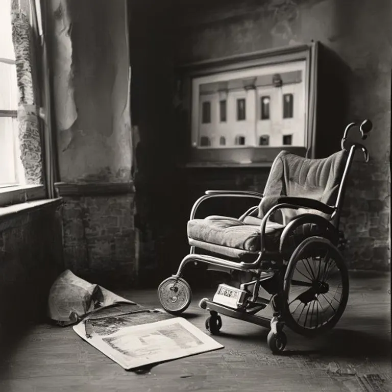 Fotografía vintage en blanco y negro de una silla de ruedas antigua junto a una medalla deportiva desgastada, evocando los orígenes históricos.