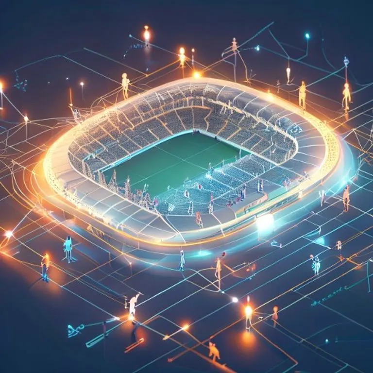 Renderizado 3D isométrico de un estadio futurista con figuras abstractas que representan atletas en movimiento, simbolizando el futuro y la globalización.