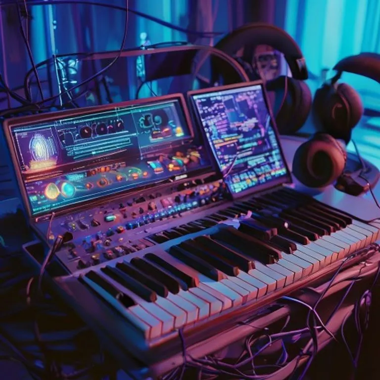 Bodegón cinematográfico de un sintetizador analógico vintage junto a una laptop con algoritmos de IA, rodeado de cables de audio y auriculares de alta fidelidad, iluminado con tonos azules y morados.